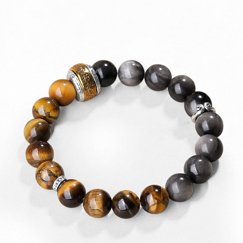 Nimara Ritual Natural Silver Sheen Obsidian Tiger's Eye Six True Words 'Om Mani Padme Hum' Strength Bracelet