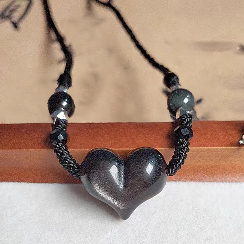 Nimara Ritual Natural Silver Sheen Obsidian Heart Protection Necklace Pendant