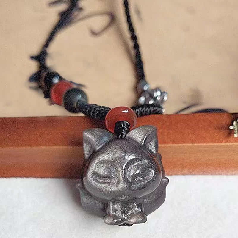 Nimara Ritual Natural Silver Sheen Obsidian Nine Tailed Fox Protection Necklace Pendant