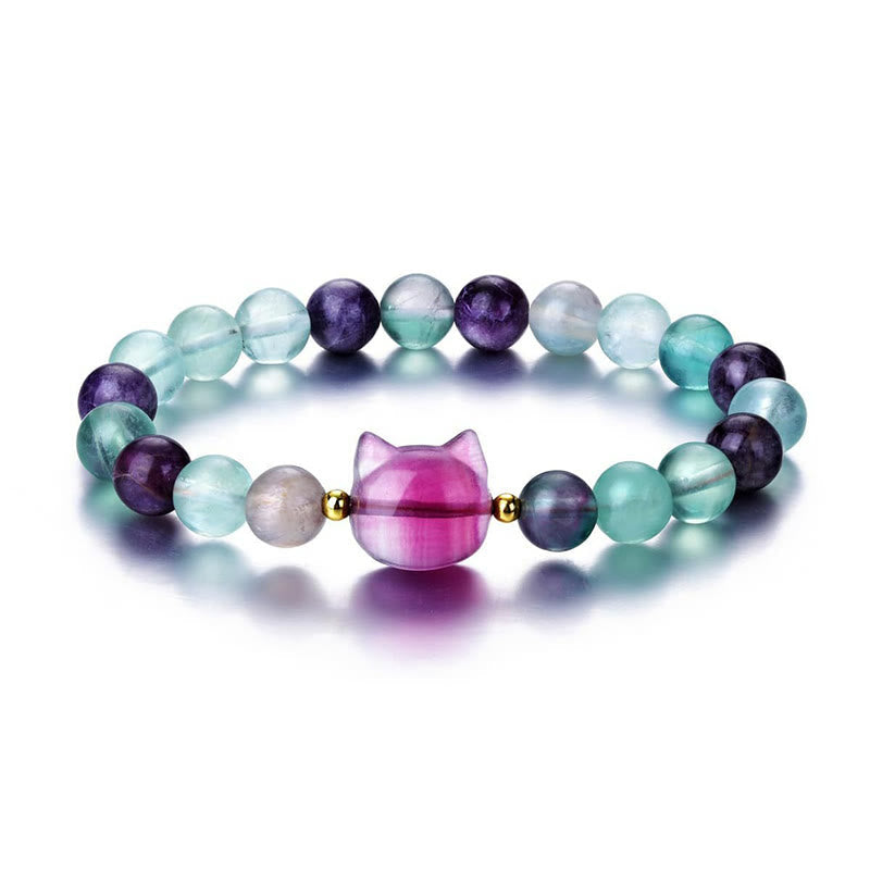Nimara Ritual Amethyst Green Aventurine Rose Quartz Fluorite Cat Head Balance Luck Bracelet