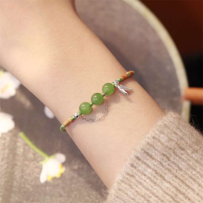 Nimara Ritual 925 Sterling Silver Bamboo Leaves Hetian Jade Chalcedony Beads Blessing Braided Bracelet