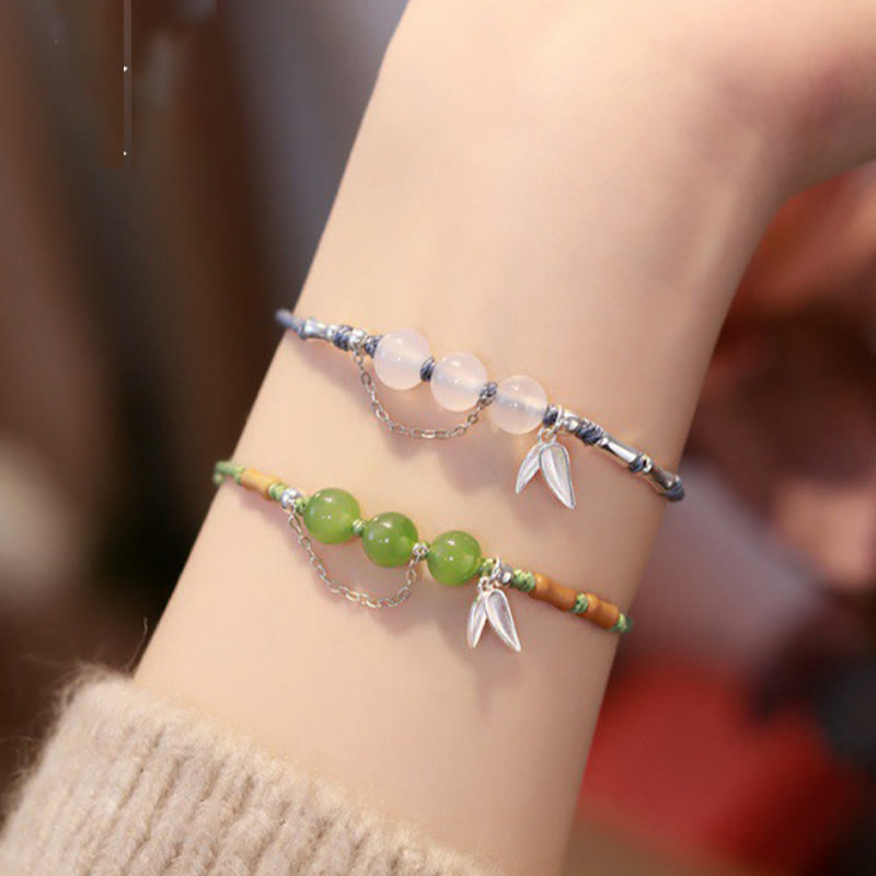 Nimara Ritual 925 Sterling Silver Bamboo Leaves Hetian Jade Chalcedony Beads Blessing Braided Bracelet