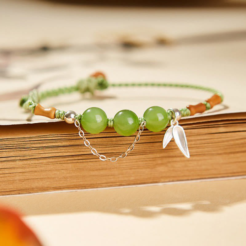 Nimara Ritual 925 Sterling Silver Bamboo Leaves Hetian Jade Chalcedony Beads Blessing Braided Bracelet