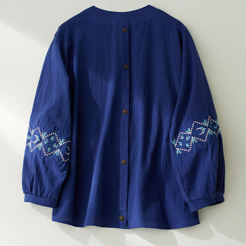 Nimara Ritual Geometry Embroidery Long Sleeve Button Cotton Linen Women's Shirts