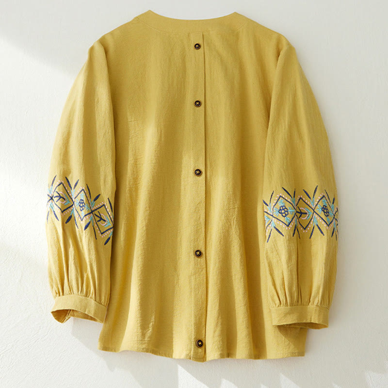 Nimara Ritual Geometry Embroidery Long Sleeve Button Cotton Linen Women's Shirts