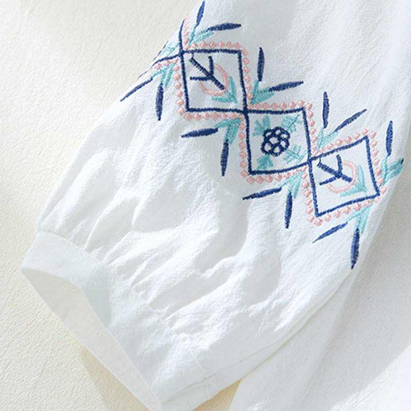 Nimara Ritual Geometry Embroidery Long Sleeve Button Cotton Linen Women's Shirts