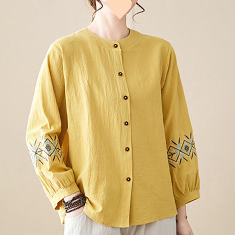 Nimara Ritual Geometry Embroidery Long Sleeve Button Cotton Linen Women's Shirts