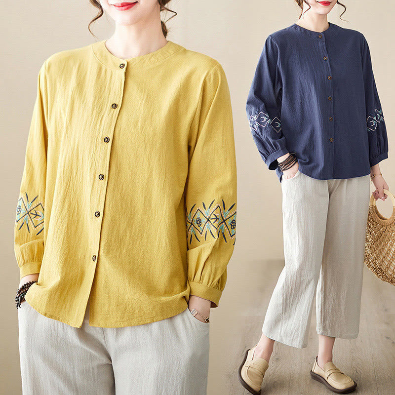Nimara Ritual Geometry Embroidery Long Sleeve Button Cotton Linen Women's Shirts