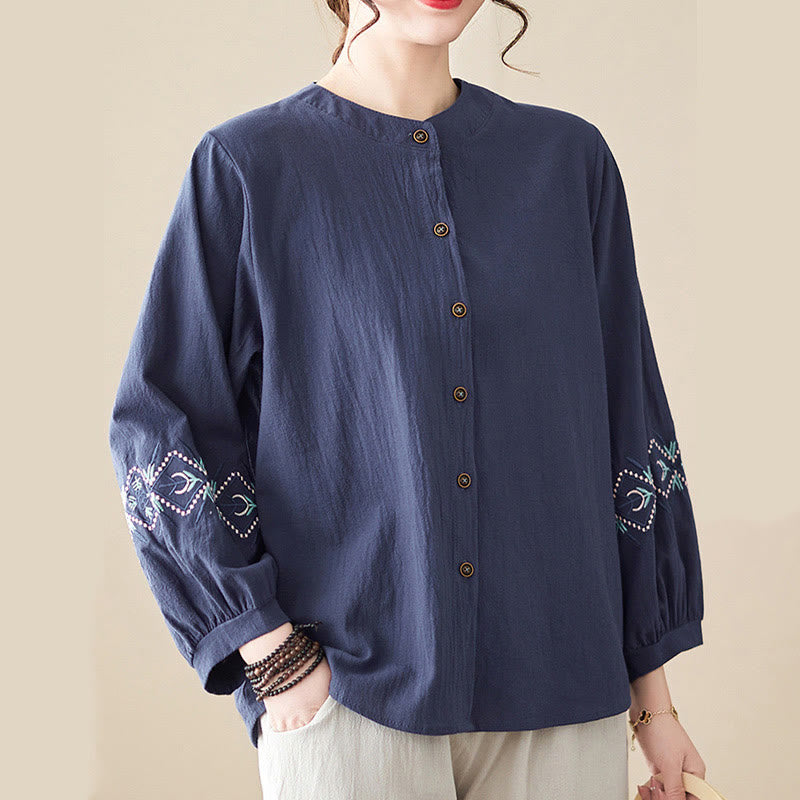 Nimara Ritual Geometry Embroidery Long Sleeve Button Cotton Linen Women's Shirts