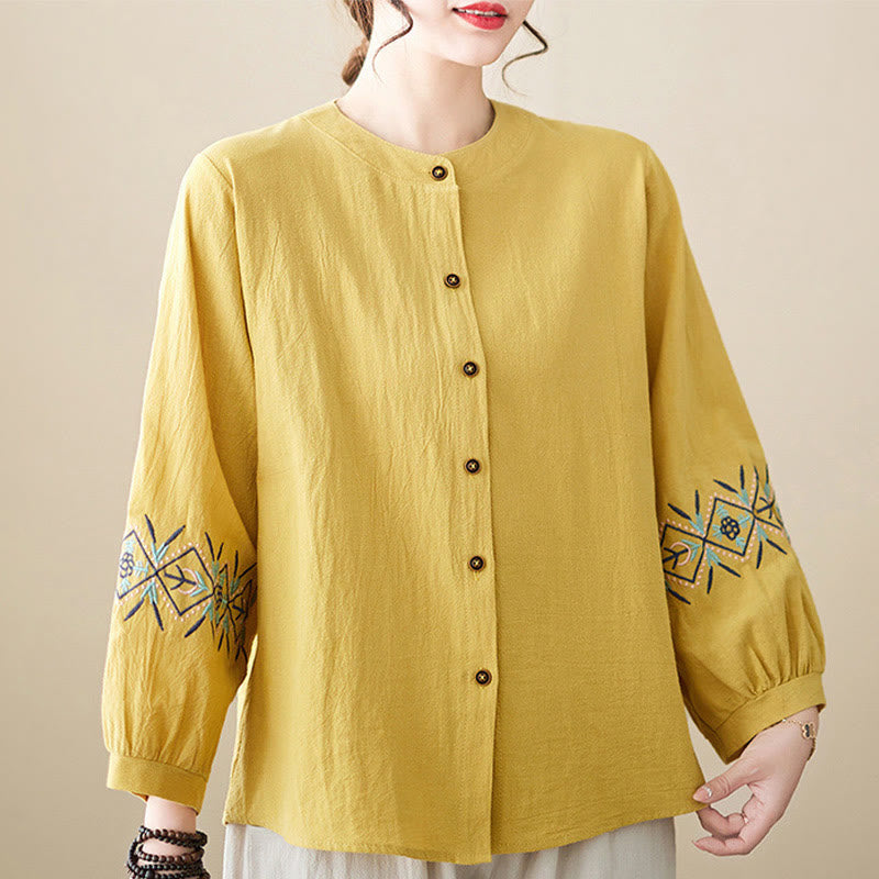 Nimara Ritual Geometry Embroidery Long Sleeve Button Cotton Linen Women's Shirts