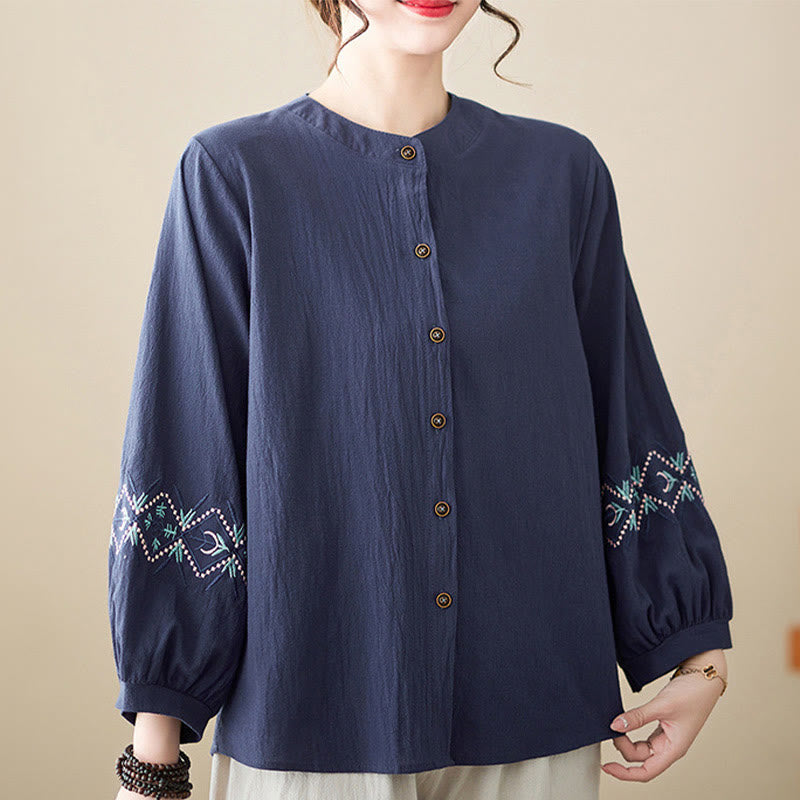 Nimara Ritual Geometry Embroidery Long Sleeve Button Cotton Linen Women's Shirts