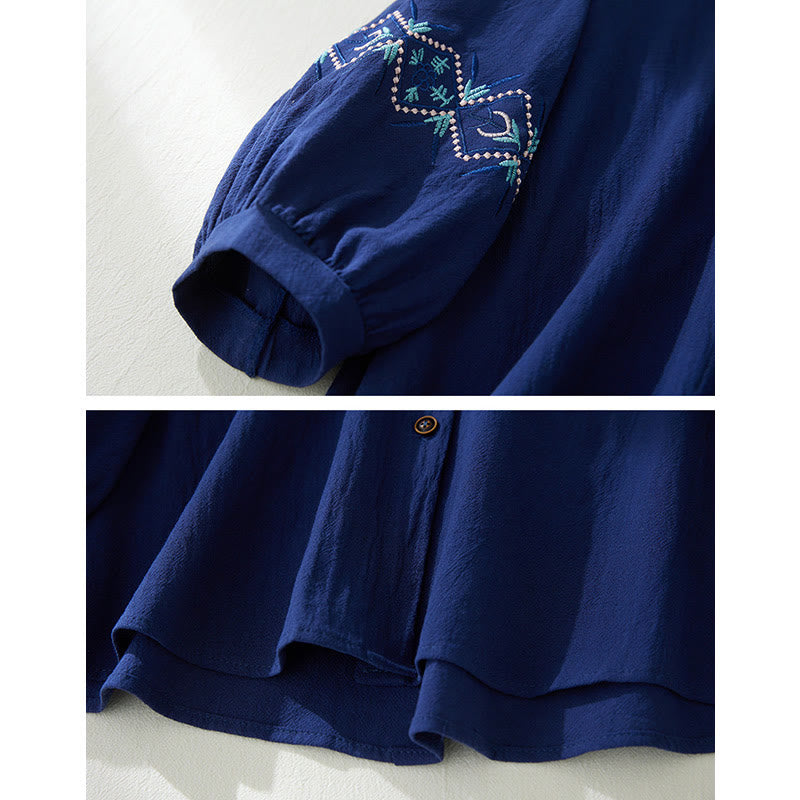 Nimara Ritual Geometry Embroidery Long Sleeve Button Cotton Linen Women's Shirts