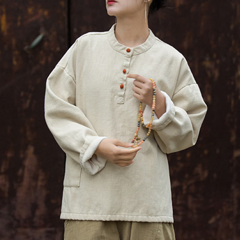 Nimara Ritual Retro Solid Color Thermal Long Sleeve Ramie Linen Women's Shirt