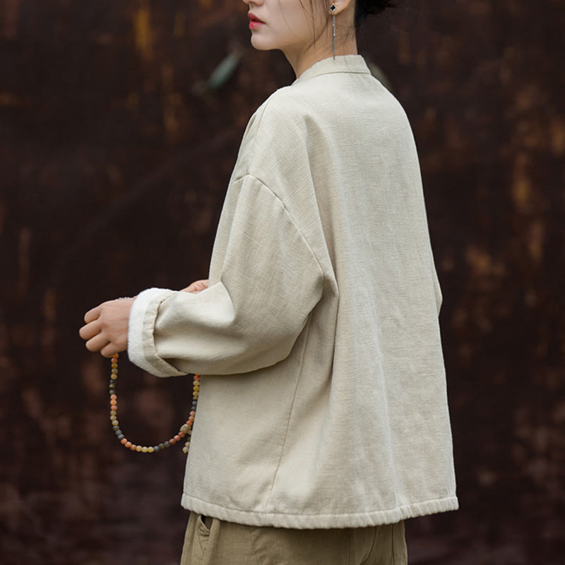 Nimara Ritual Retro Solid Color Thermal Long Sleeve Ramie Linen Women's Shirt