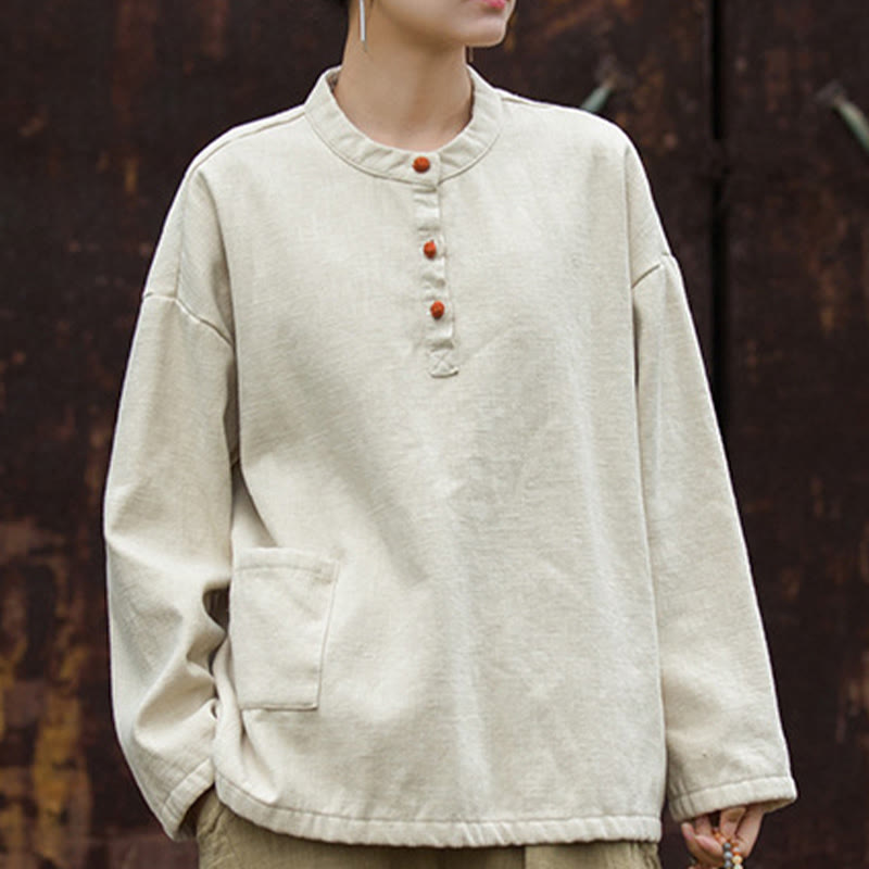 Nimara Ritual Retro Solid Color Thermal Long Sleeve Ramie Linen Women's Shirt