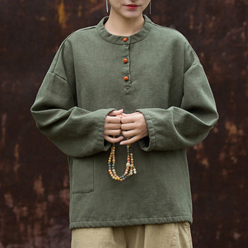 Nimara Ritual Retro Solid Color Thermal Long Sleeve Ramie Linen Women's Shirt