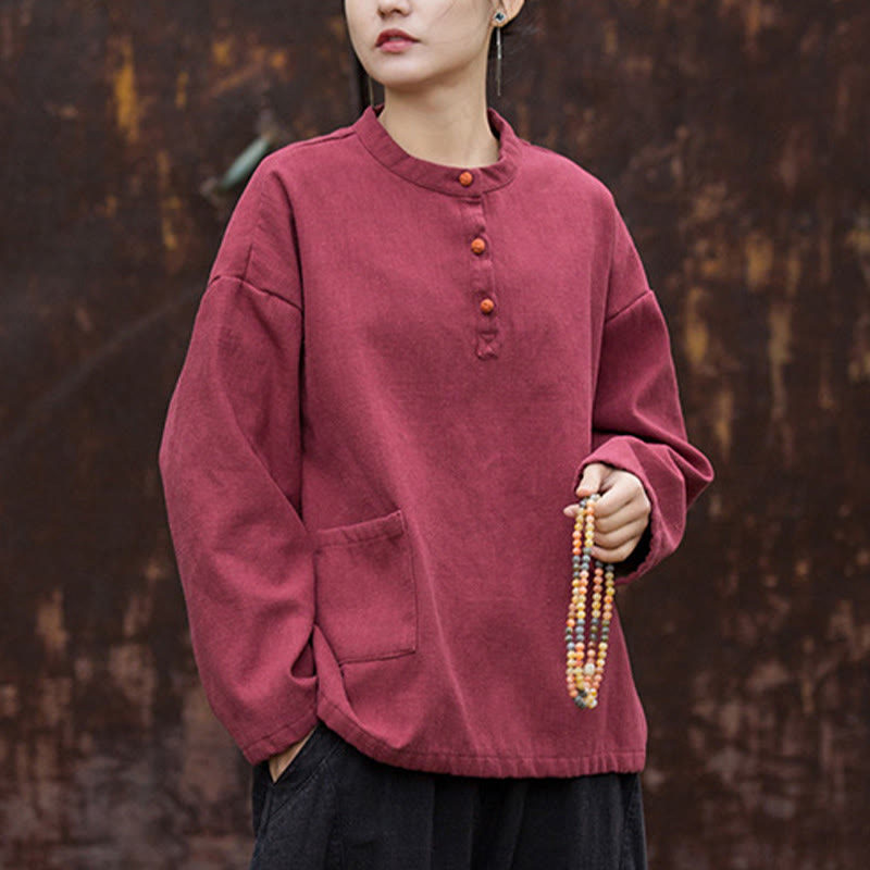 Nimara Ritual Retro Solid Color Thermal Long Sleeve Ramie Linen Women's Shirt
