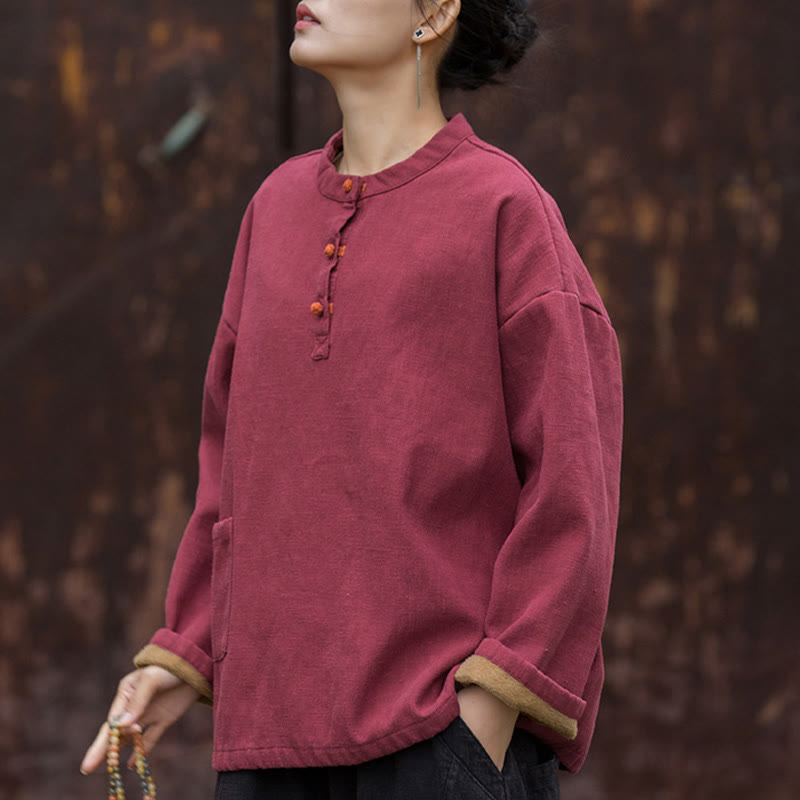 Nimara Ritual Retro Solid Color Thermal Long Sleeve Ramie Linen Women's Shirt