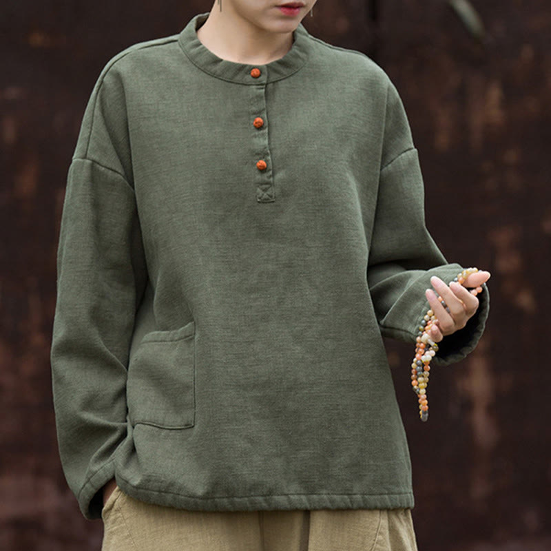 Nimara Ritual Retro Solid Color Thermal Long Sleeve Ramie Linen Women's Shirt