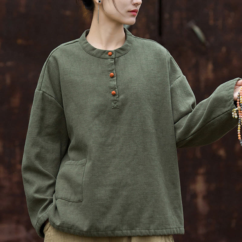 Nimara Ritual Retro Solid Color Thermal Long Sleeve Ramie Linen Women's Shirt