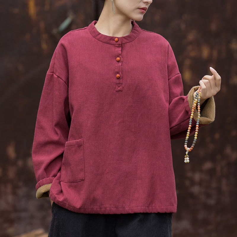 Nimara Ritual Retro Solid Color Thermal Long Sleeve Ramie Linen Women's Shirt