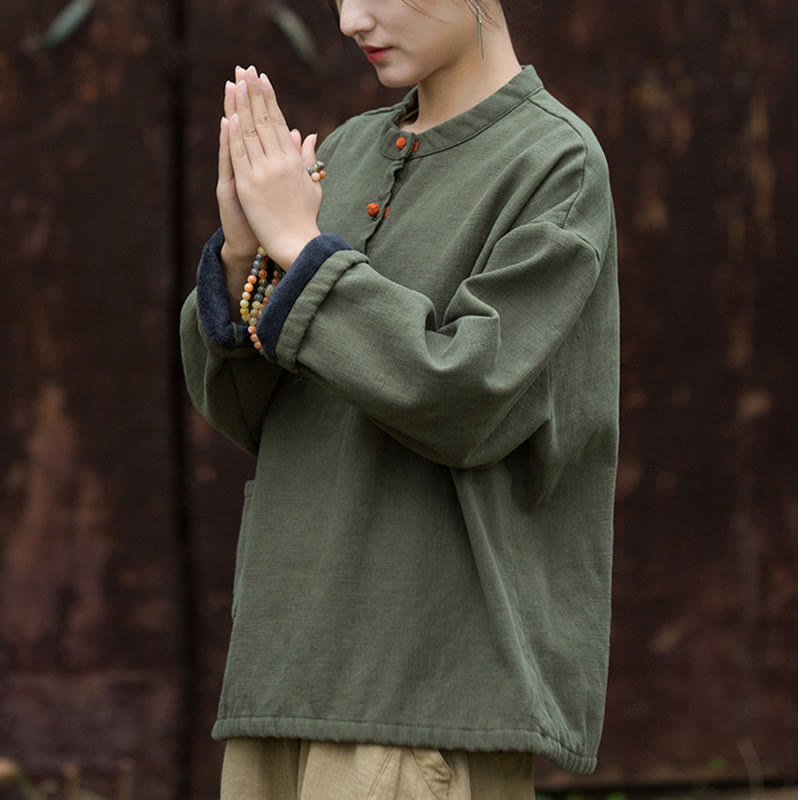 Nimara Ritual Retro Solid Color Thermal Long Sleeve Ramie Linen Women's Shirt