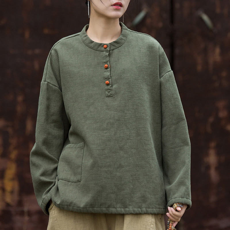 Nimara Ritual Retro Solid Color Thermal Long Sleeve Ramie Linen Women's Shirt