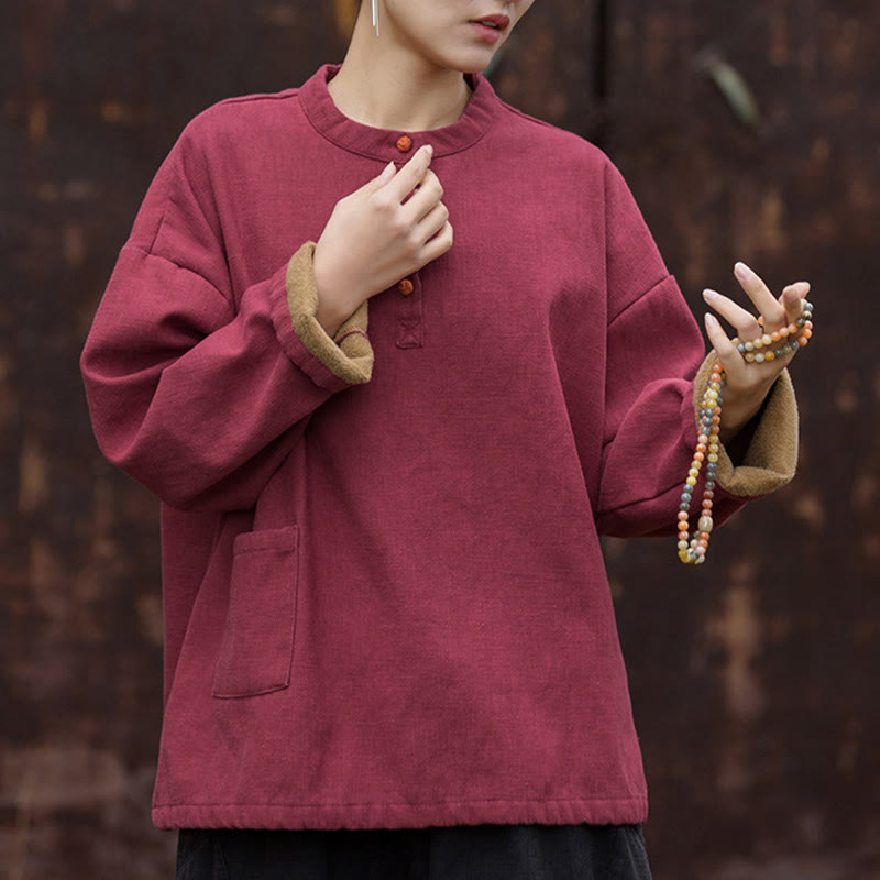 Nimara Ritual Retro Solid Color Thermal Long Sleeve Ramie Linen Women's Shirt