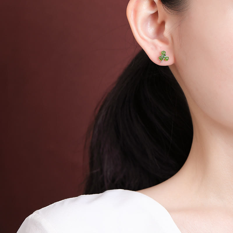 Nimara Ritual 925 Sterling Silver Enamel Hetian Jade Shamrock Luck Earrings