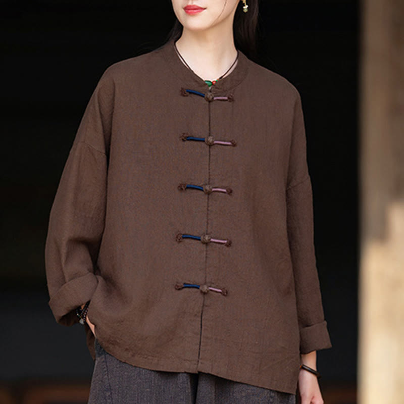Nimara Ritual Solid Color Two-color Frog-button Long Sleeve Ramie Linen Women's Shirt