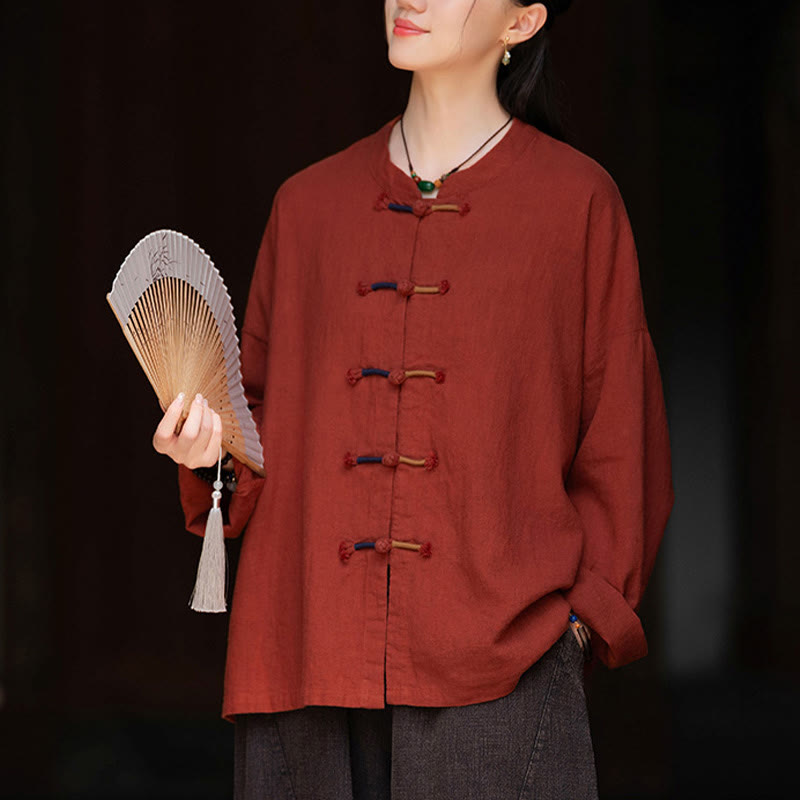 Nimara Ritual Solid Color Two-color Frog-button Long Sleeve Ramie Linen Women's Shirt