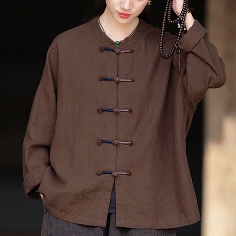 Nimara Ritual Solid Color Two-color Frog-button Long Sleeve Ramie Linen Women's Shirt