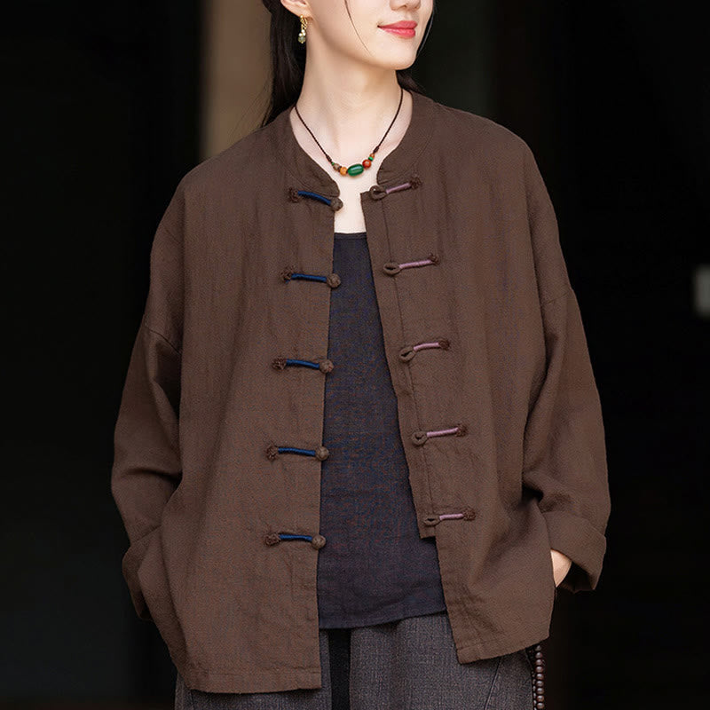 Nimara Ritual Solid Color Two-color Frog-button Long Sleeve Ramie Linen Women's Shirt