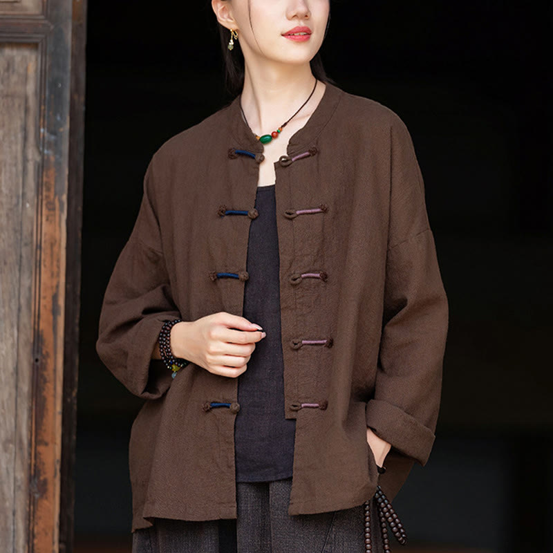 Nimara Ritual Solid Color Two-color Frog-button Long Sleeve Ramie Linen Women's Shirt
