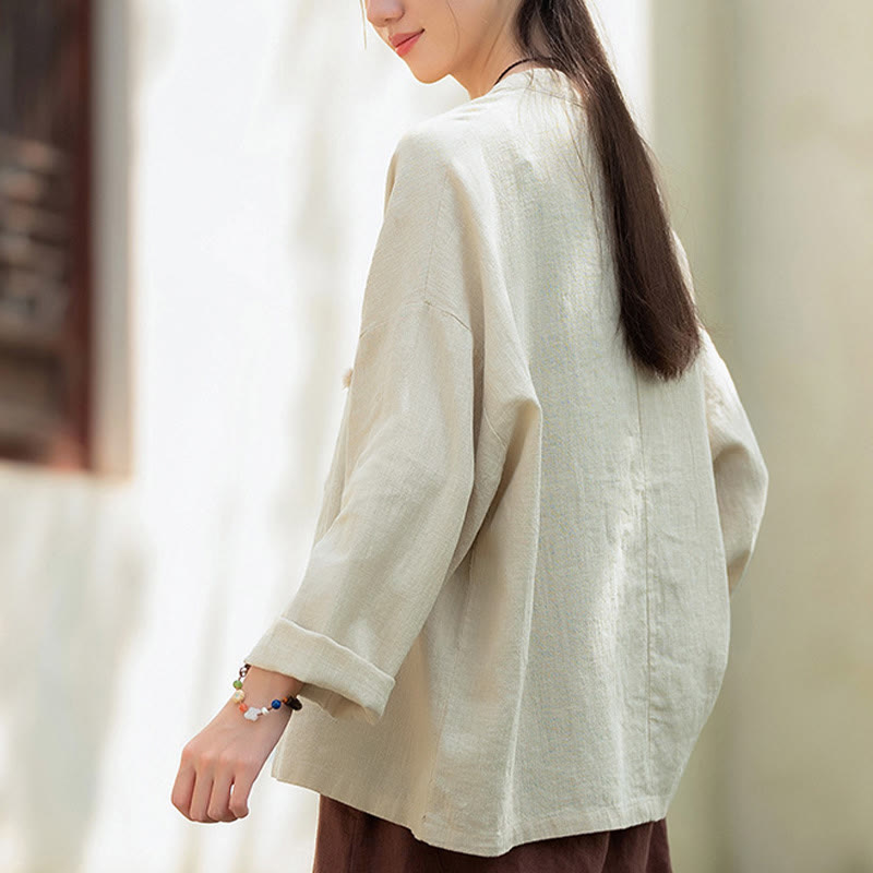 Nimara Ritual Solid Color Two-color Frog-button Long Sleeve Ramie Linen Women's Shirt