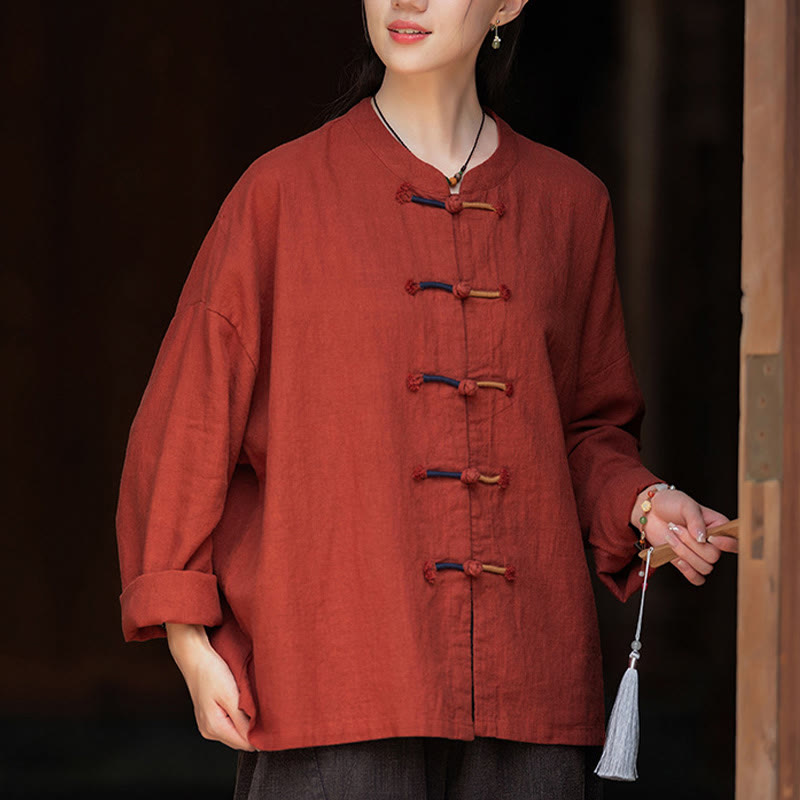 Nimara Ritual Solid Color Two-color Frog-button Long Sleeve Ramie Linen Women's Shirt