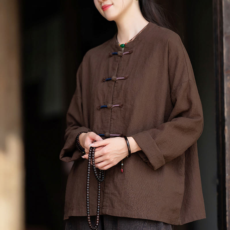 Nimara Ritual Solid Color Two-color Frog-button Long Sleeve Ramie Linen Women's Shirt
