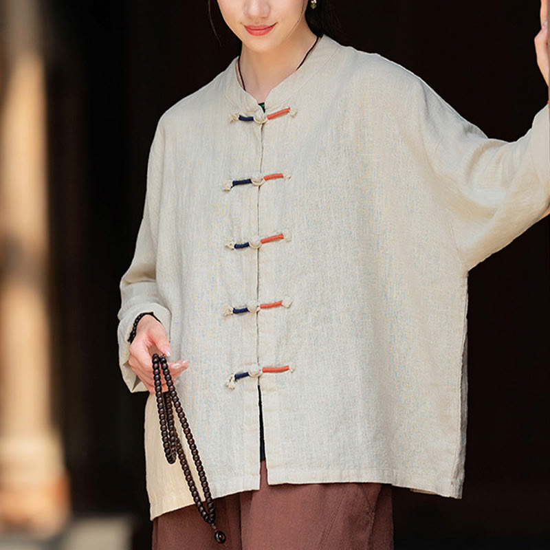 Nimara Ritual Solid Color Two-color Frog-button Long Sleeve Ramie Linen Women's Shirt
