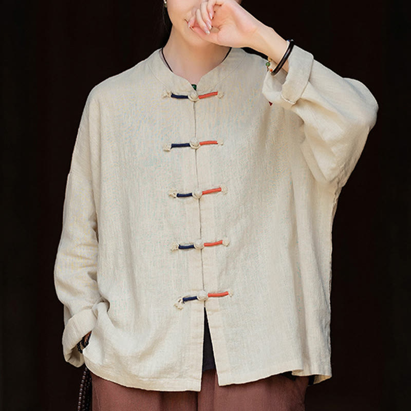 Nimara Ritual Solid Color Two-color Frog-button Long Sleeve Ramie Linen Women's Shirt