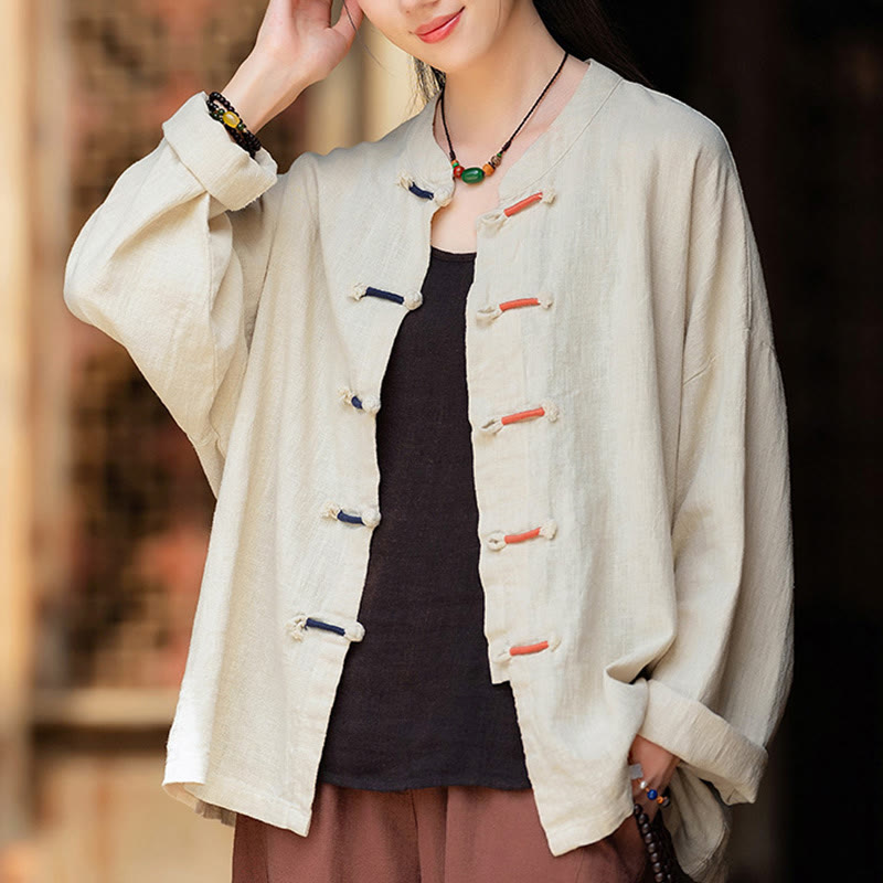 Nimara Ritual Solid Color Two-color Frog-button Long Sleeve Ramie Linen Women's Shirt