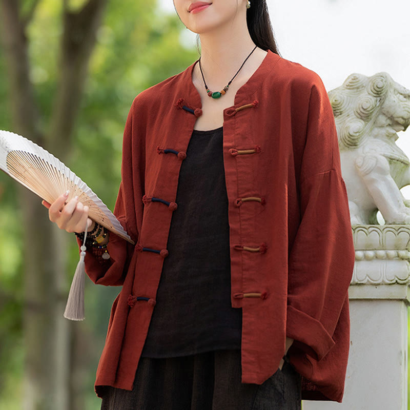 Nimara Ritual Solid Color Two-color Frog-button Long Sleeve Ramie Linen Women's Shirt