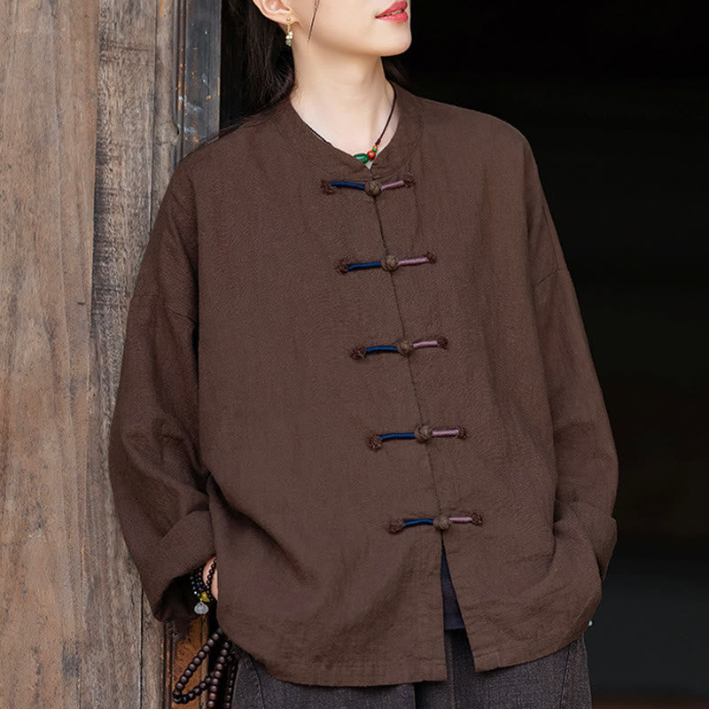 Nimara Ritual Solid Color Two-color Frog-button Long Sleeve Ramie Linen Women's Shirt