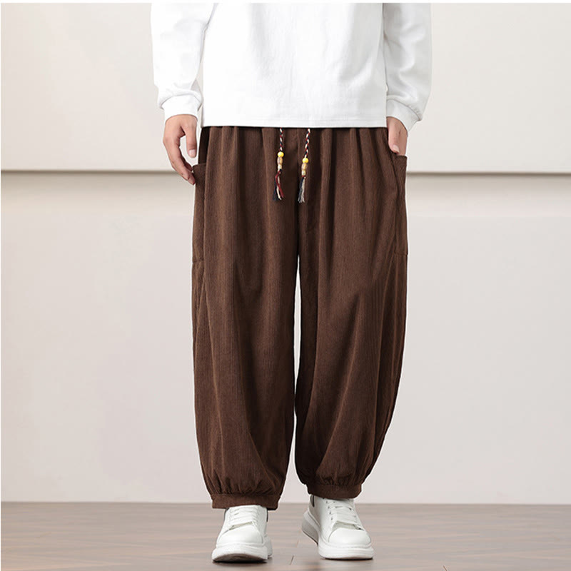 Nimara Ritual Solid Color Corduroy Drawstring Men's Harem Pants With Pockets
