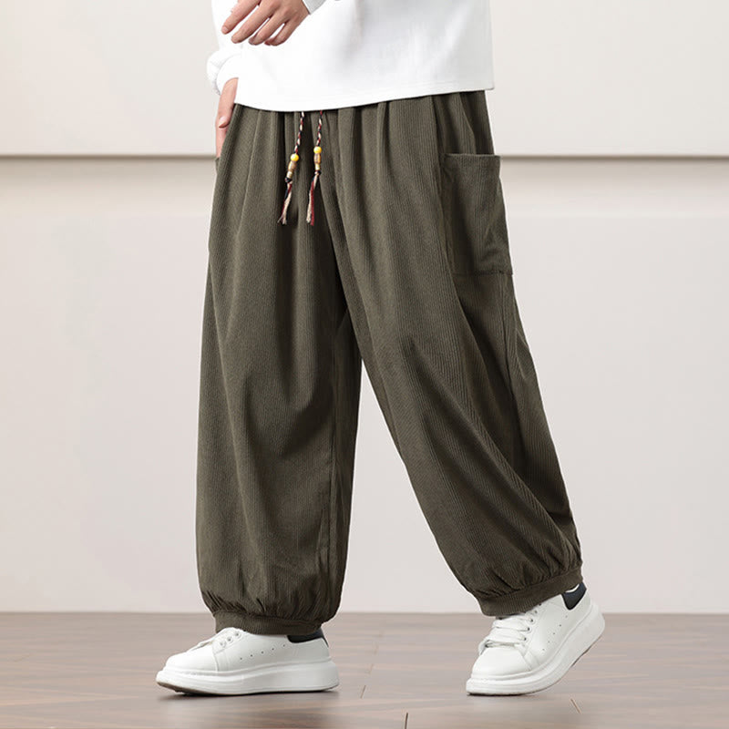 Nimara Ritual Solid Color Corduroy Drawstring Men's Harem Pants With Pockets