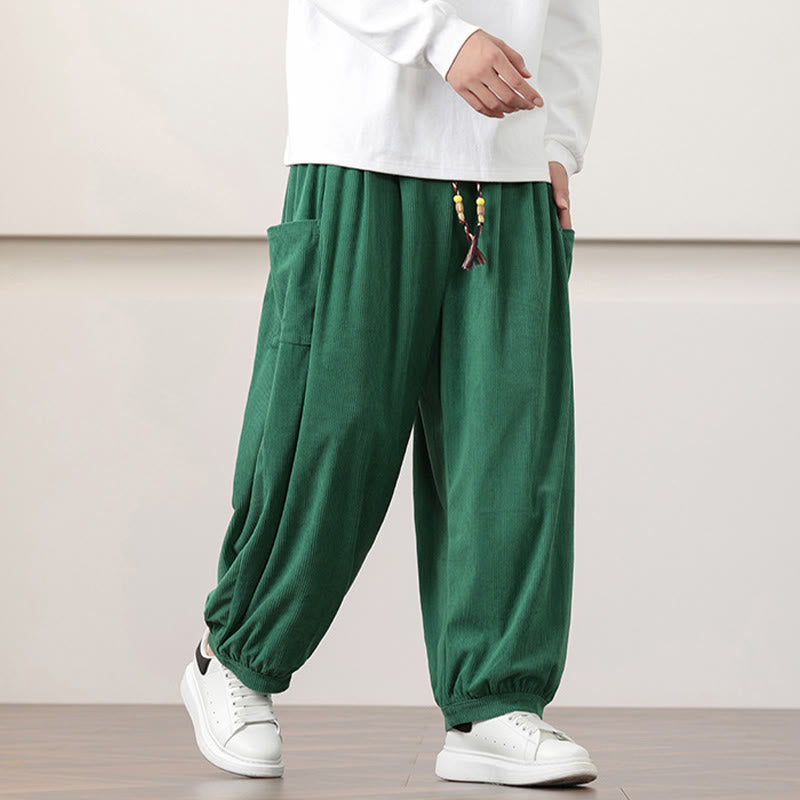 Nimara Ritual Solid Color Corduroy Drawstring Men's Harem Pants With Pockets