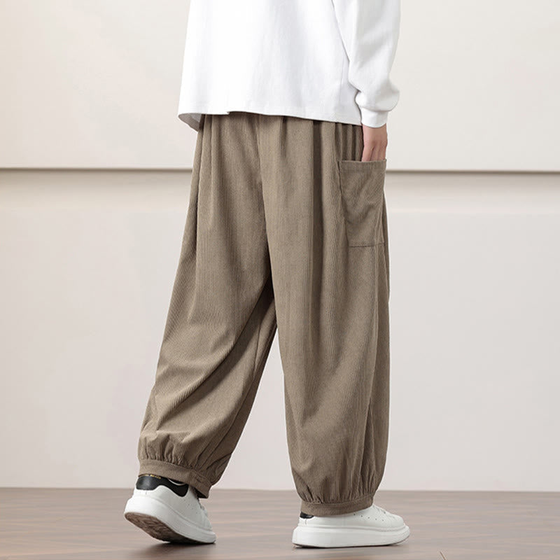 Nimara Ritual Solid Color Corduroy Drawstring Men's Harem Pants With Pockets