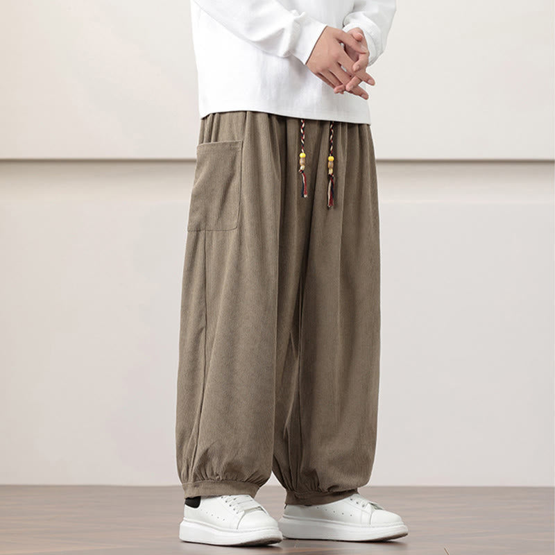 Nimara Ritual Solid Color Corduroy Drawstring Men's Harem Pants With Pockets
