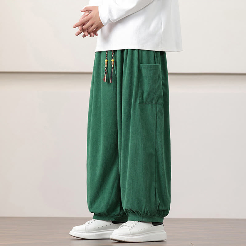 Nimara Ritual Solid Color Corduroy Drawstring Men's Harem Pants With Pockets