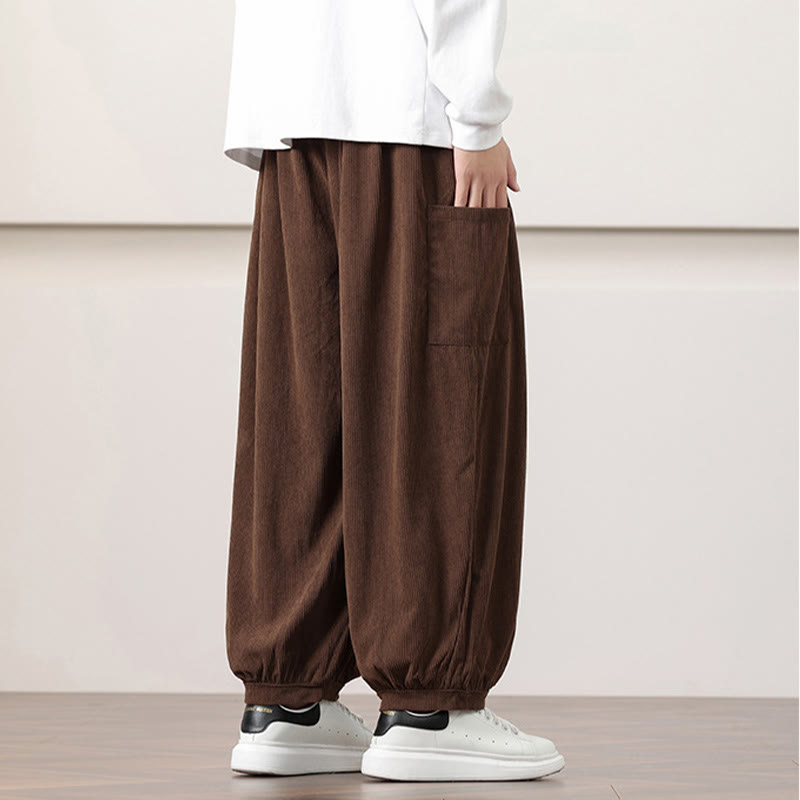 Nimara Ritual Solid Color Corduroy Drawstring Men's Harem Pants With Pockets