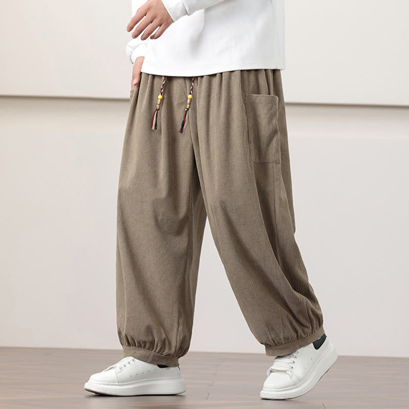 Nimara Ritual Solid Color Corduroy Drawstring Men's Harem Pants With Pockets